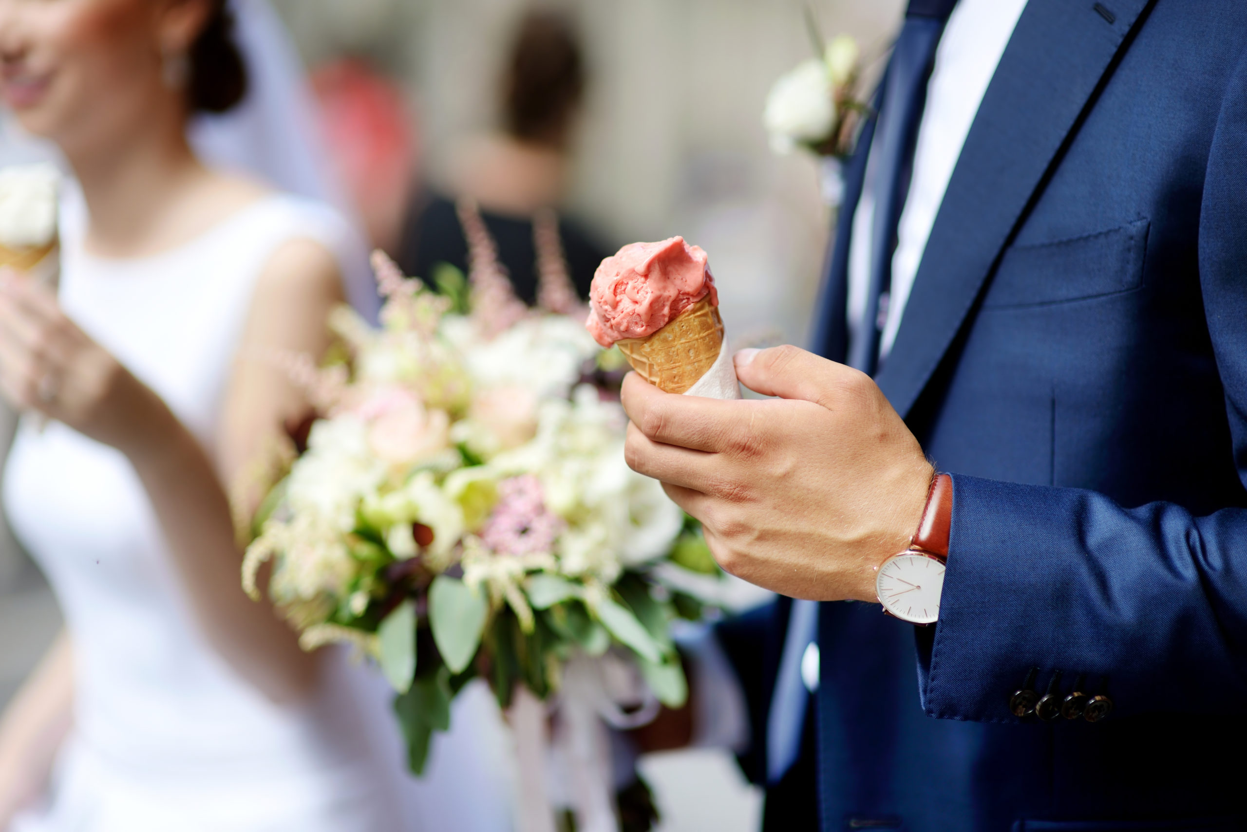 Bride,And,Groom,Having,An,Ice,Cream,Outdoors,On,A